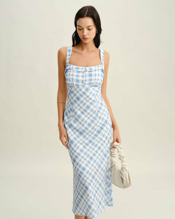 Blue Plaid Square Neck Slip Midi Dress