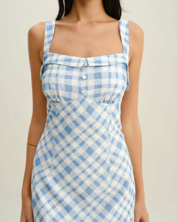 Blue Plaid Square Neck Slip Midi Dress - Image 2