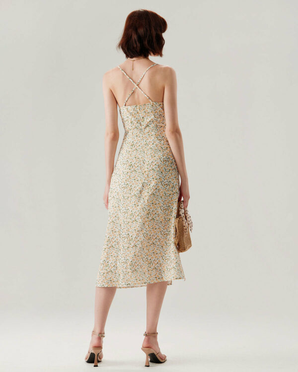 Yellow Floral Ruched Slip Midi Dress - Image 9
