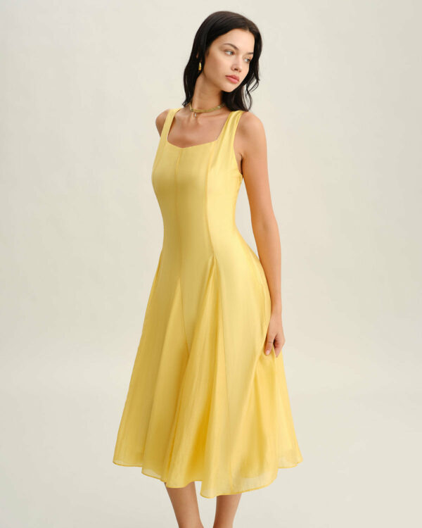 Yellow Square Neck Pleated Slip Midi Dress - Image 4