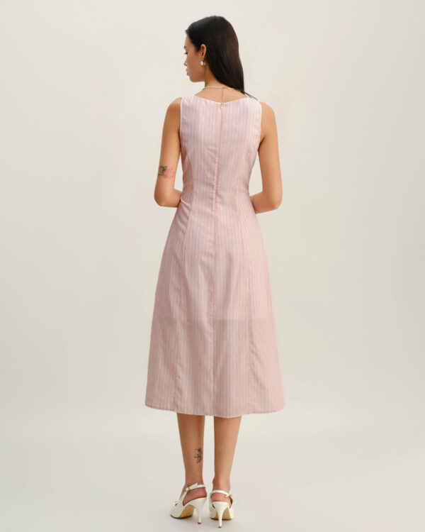 Pink Striped V Neck Sleeveless Midi Dress - Image 5