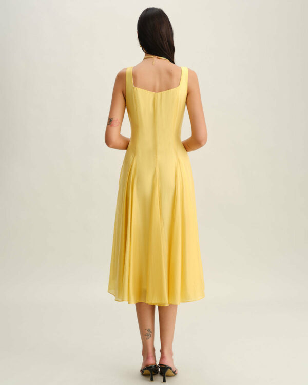 Yellow Square Neck Pleated Slip Midi Dress - Image 6