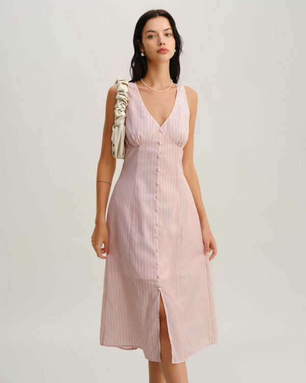 Pink Striped V Neck Sleeveless Midi Dress