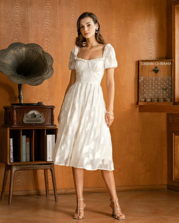 Beige Square Neck Puffed Sleeve Midi Dress - Image 4