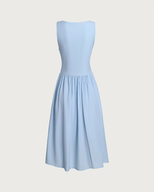 Blue V Neck Button Sleeveless Midi Dress - Image 6