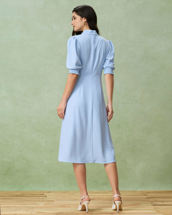 Blue Puffed Sleeve Pleated Midi Dress - Image 5