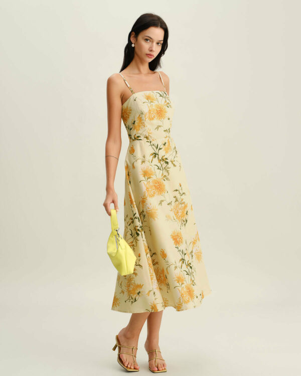 Yellow Floral Shirred Slip Midi Dress - Image 3