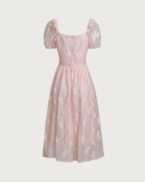 Pink Square Neck Puffed Sleeve Midi Dress - Image 7