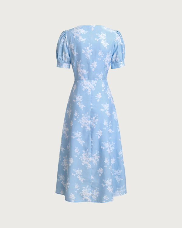 Blue Floral Puffed Sleeve Ruched Midi Dress - Image 7