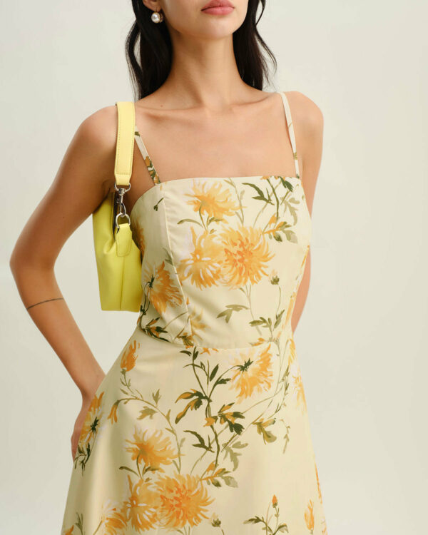 Yellow Floral Shirred Slip Midi Dress - Image 2
