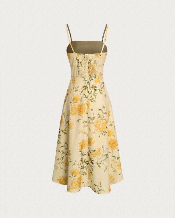 Yellow Floral Shirred Slip Midi Dress - Image 7