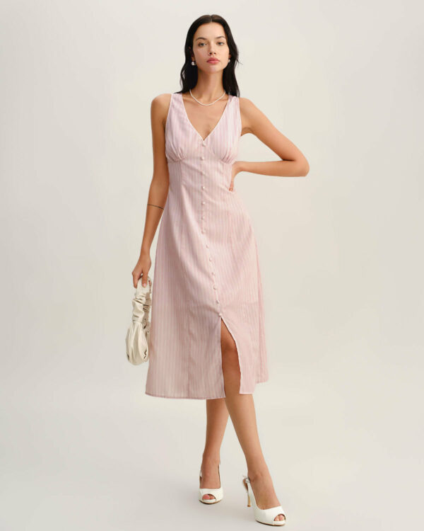 Pink Striped V Neck Sleeveless Midi Dress - Image 3