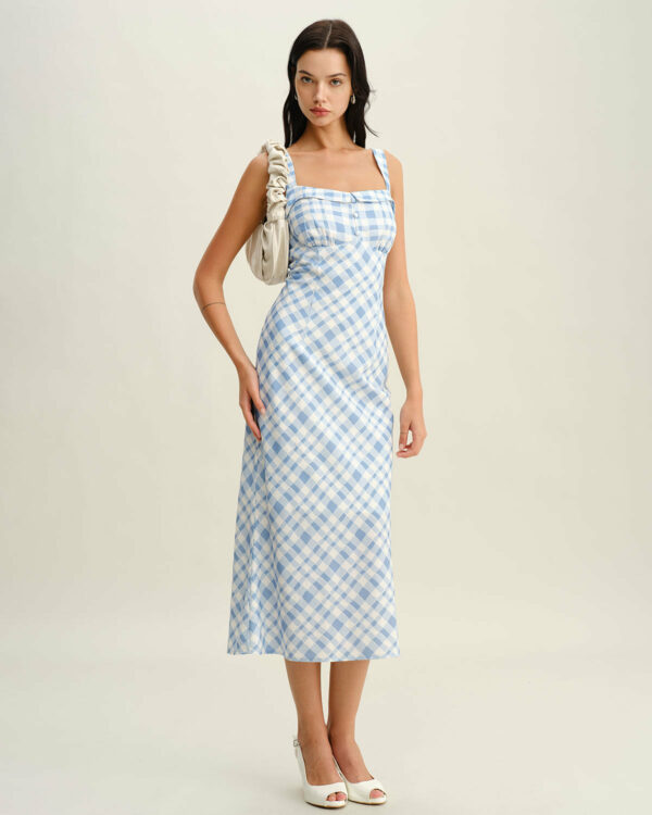 Blue Plaid Square Neck Slip Midi Dress - Image 6