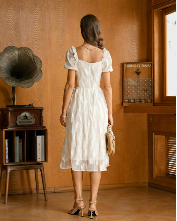 Beige Square Neck Puffed Sleeve Midi Dress - Image 5