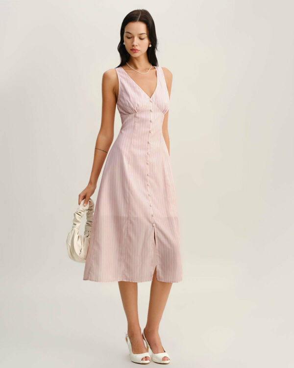 Pink Striped V Neck Sleeveless Midi Dress - Image 4