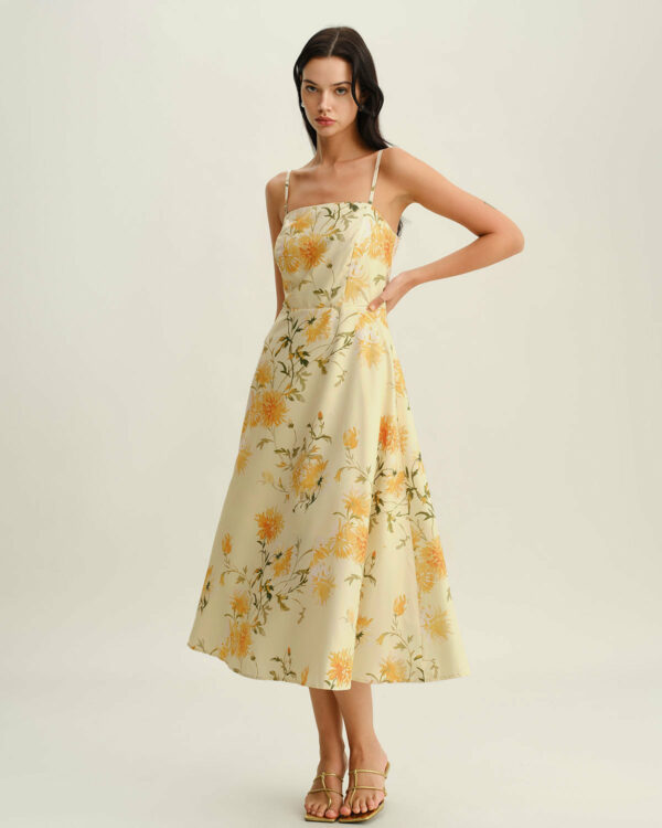 Yellow Floral Shirred Slip Midi Dress - Image 4