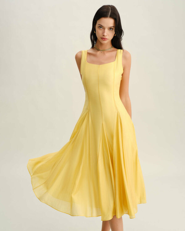 Yellow Square Neck Pleated Slip Midi Dress - Image 3