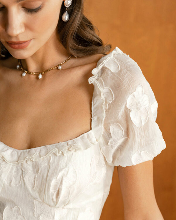 Beige Square Neck Puffed Sleeve Midi Dress - Image 3