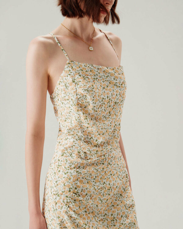 Yellow Floral Ruched Slip Midi Dress - Image 7