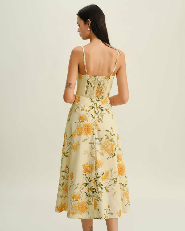 Yellow Floral Shirred Slip Midi Dress - Image 5