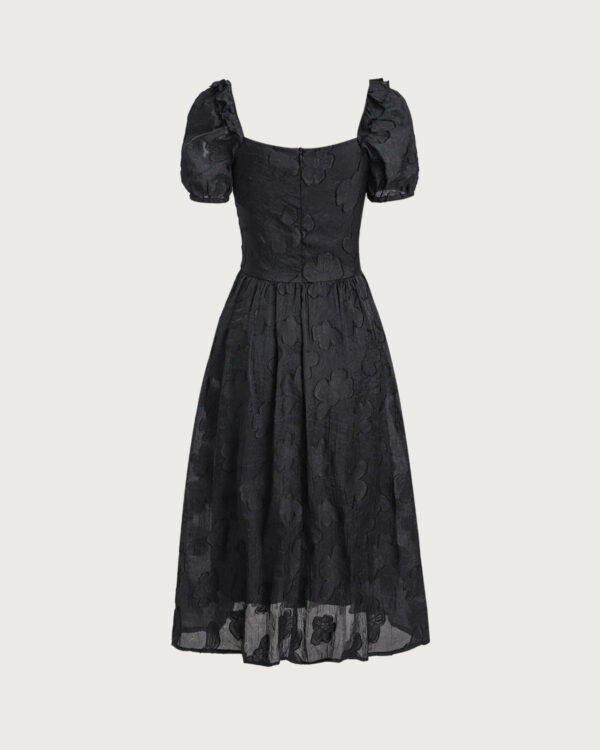 Black Square Neck Puffed Sleeve Midi Dress - Image 7