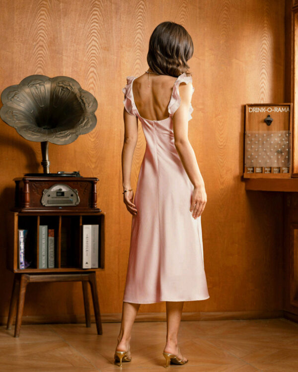 Pink Square Neck Ruffle Satin Midi Dress - Image 5