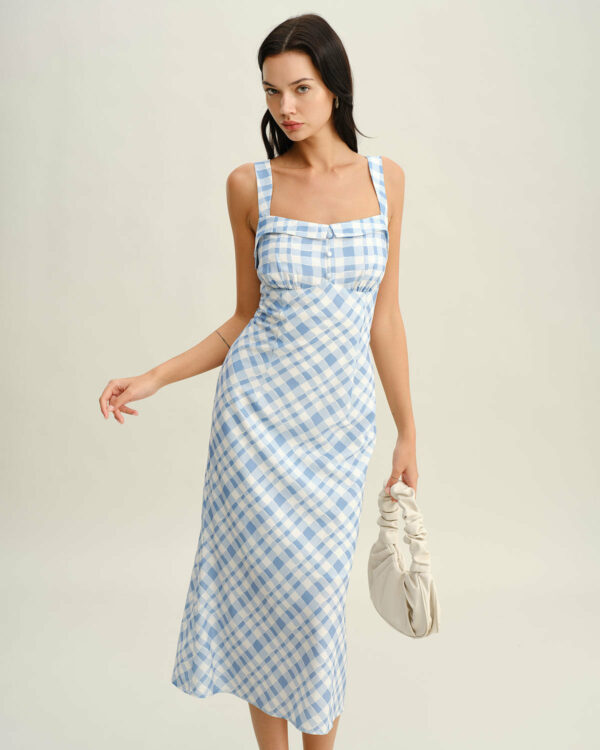 Blue Plaid Square Neck Slip Midi Dress - Image 4