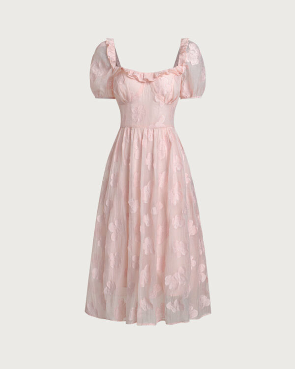 Pink Square Neck Puffed Sleeve Midi Dress - Image 6