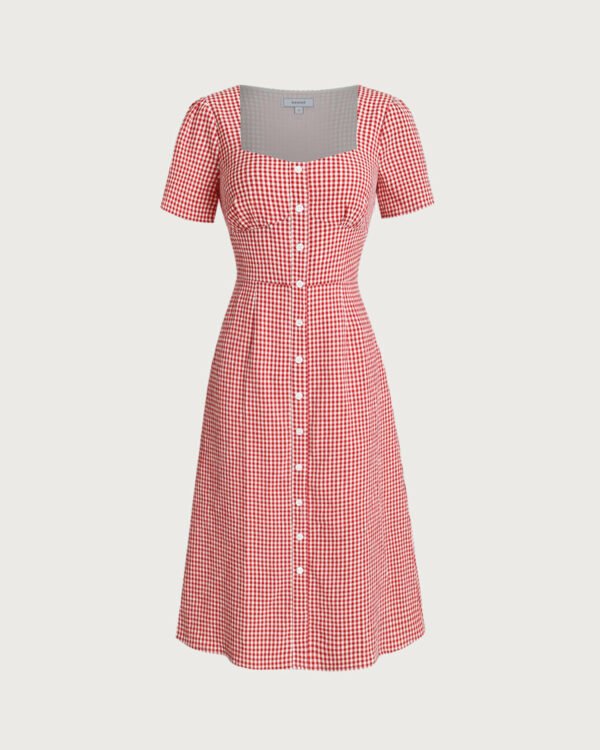 Red Plaid Square Neck Midi Dress - Image 5