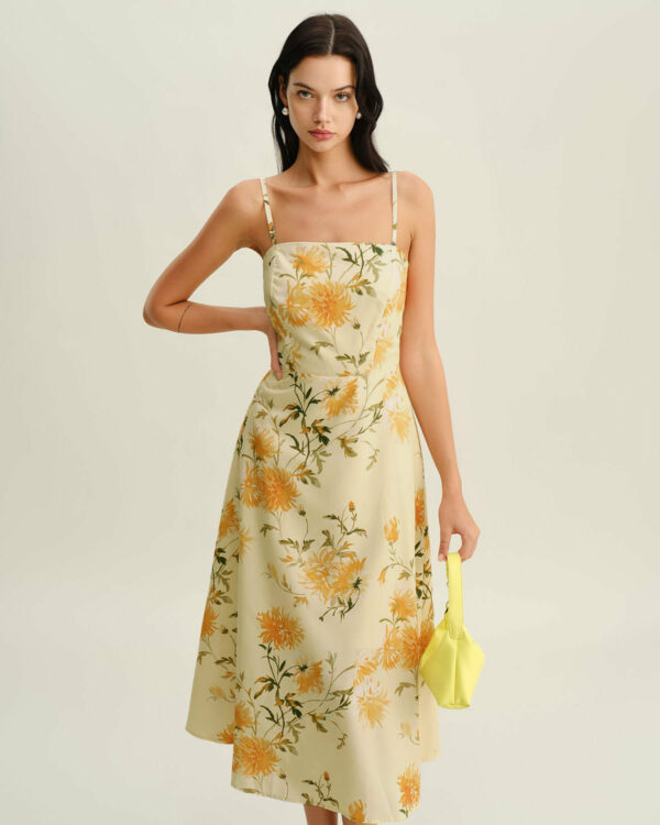 Yellow Floral Shirred Slip Midi Dress