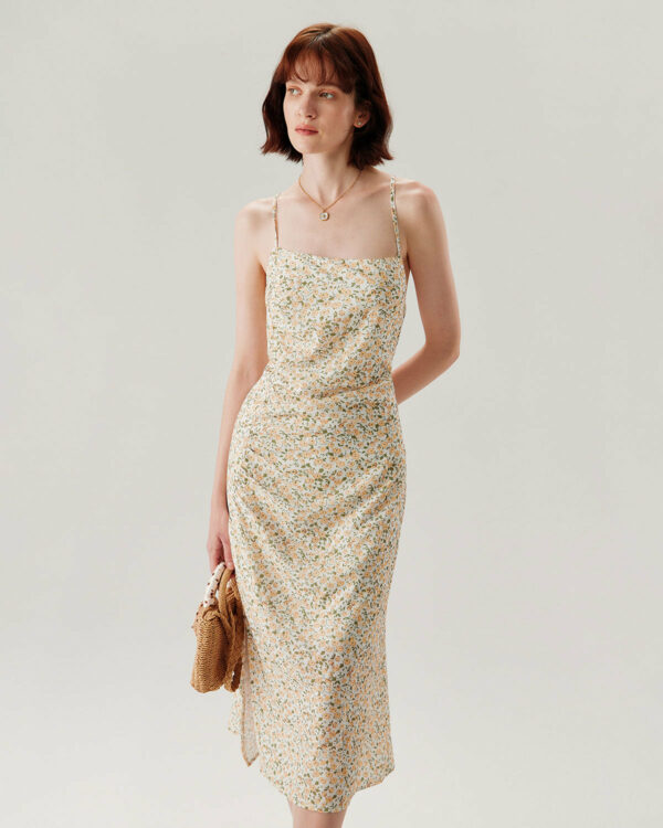 Yellow Floral Ruched Slip Midi Dress - Image 6