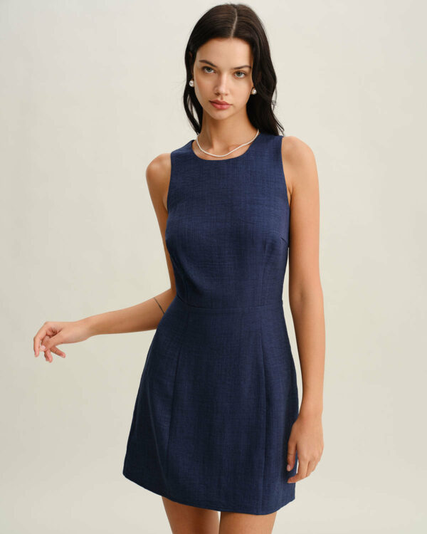 Blue Round Neck Zipper Sleeveless Mini Dress