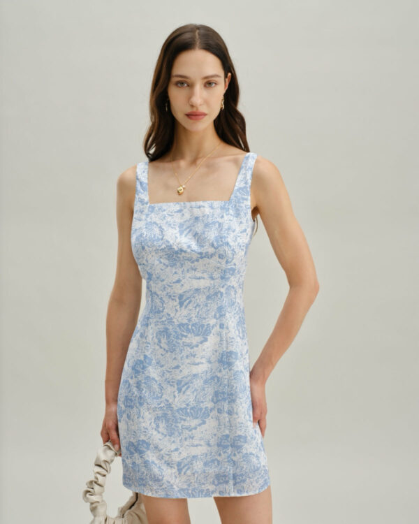 Blue Floral Square Neck A-Line Slip Mini Dress