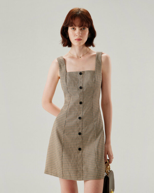 Brown Plaid Button Slip Mini Dress - Image 2