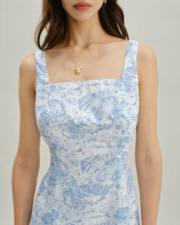 Blue Floral Square Neck A-Line Slip Mini Dress - Image 2
