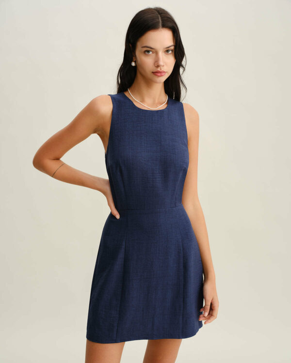 Blue Round Neck Zipper Sleeveless Mini Dress - Image 3