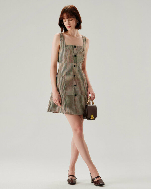 Brown Plaid Button Slip Mini Dress - Image 4