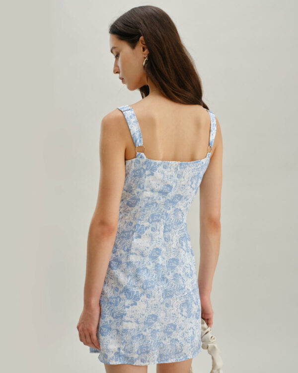 Blue Floral Square Neck A-Line Slip Mini Dress - Image 3
