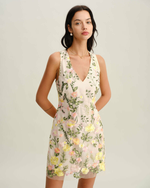 Yellow V Neck Floral Sleeveless Mini Dress - Image 4