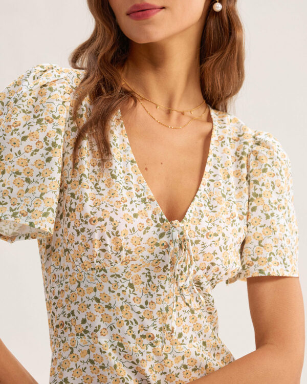 Yellow Floral V-Neck Mini Dress - Image 2