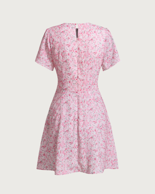 Pink Floral Round Neck Pleated Mini Dress - Image 6
