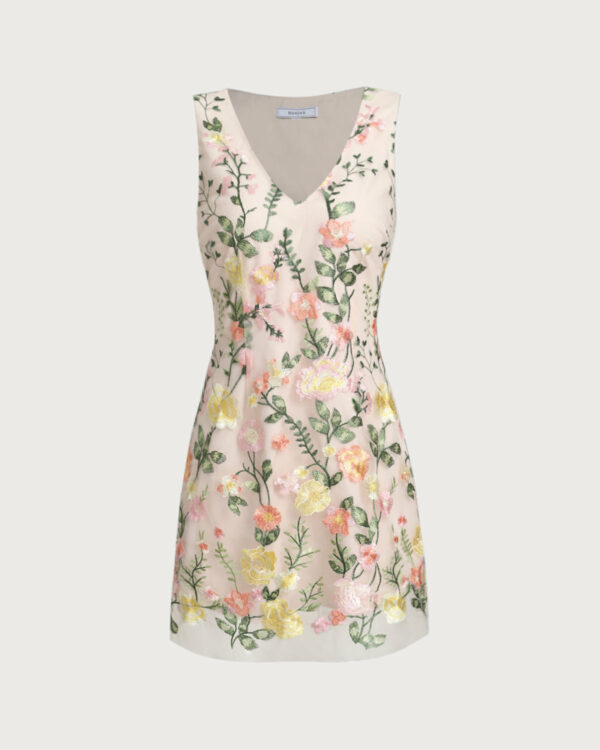 Yellow V Neck Floral Sleeveless Mini Dress - Image 7