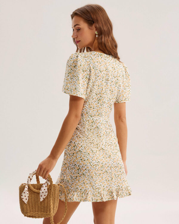 Yellow Floral V-Neck Mini Dress - Image 5