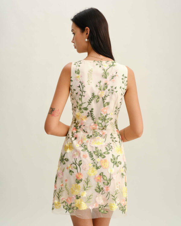 Yellow V Neck Floral Sleeveless Mini Dress - Image 6