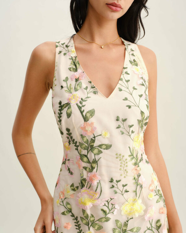 Yellow V Neck Floral Sleeveless Mini Dress - Image 2