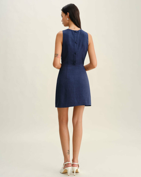 Blue Round Neck Zipper Sleeveless Mini Dress - Image 5