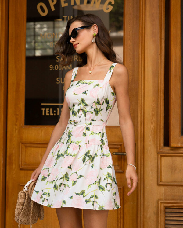 Pink Floral Ruched Belted Slip Mini Dress - Image 3