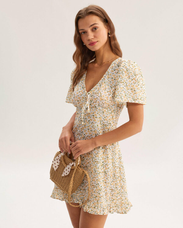 Yellow Floral V-Neck Mini Dress - Image 3