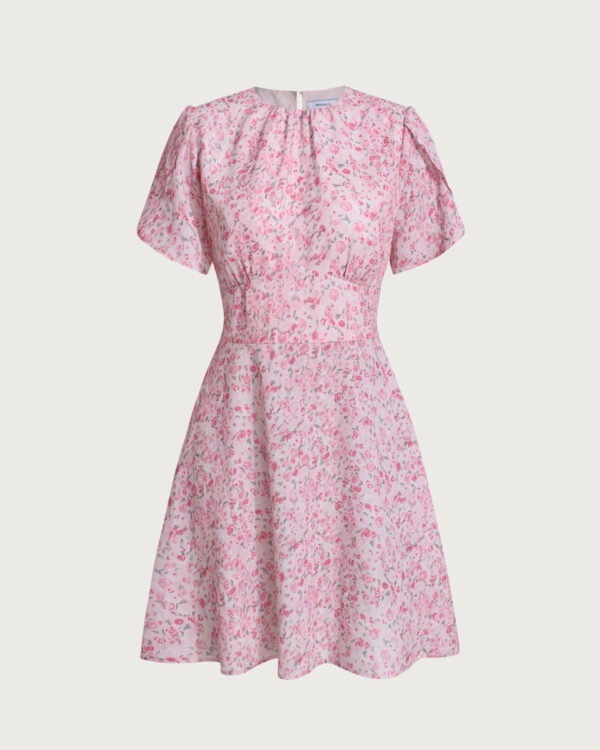 Pink Floral Round Neck Pleated Mini Dress - Image 5