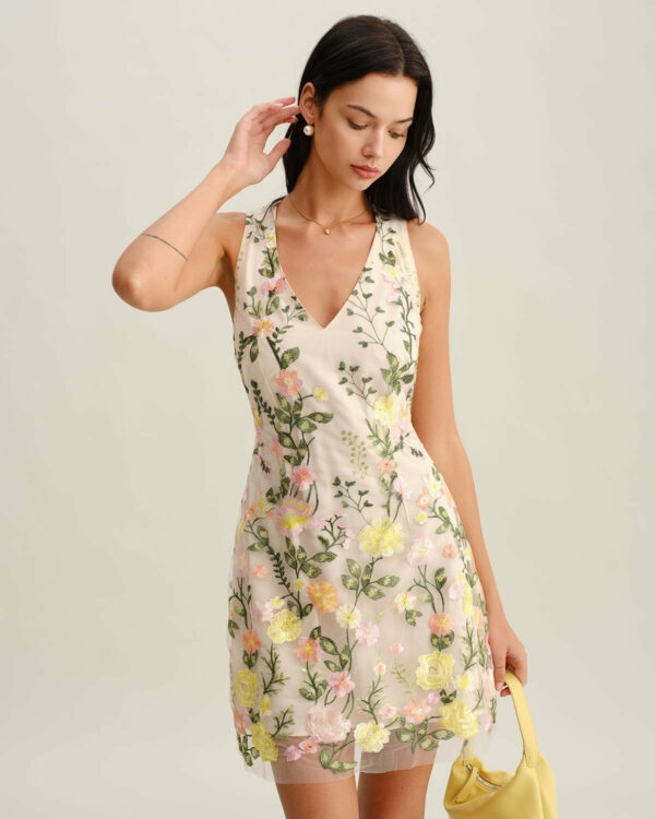 Yellow V Neck Floral Sleeveless Mini Dress